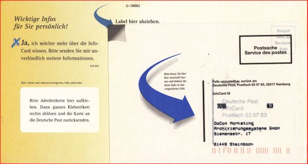 Infocard als Postsache mit Eigenwerbung der Deutschen Post zur InfoCard und deren Vorteile auf der Rückseite
