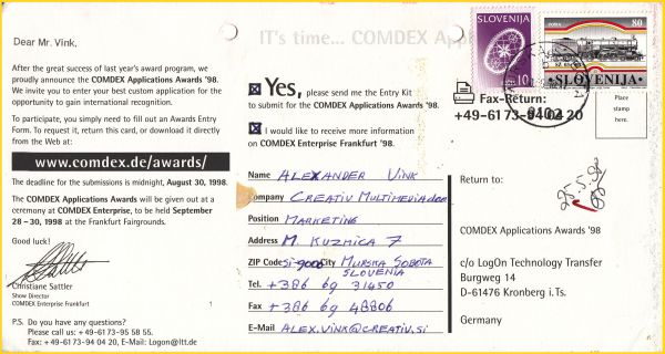 Infocard, von einem Absender aus Slovenien zurück nach Deutschland geschickt - frankiert mit slvenischen Briefmarken aus dem Jahr 1998