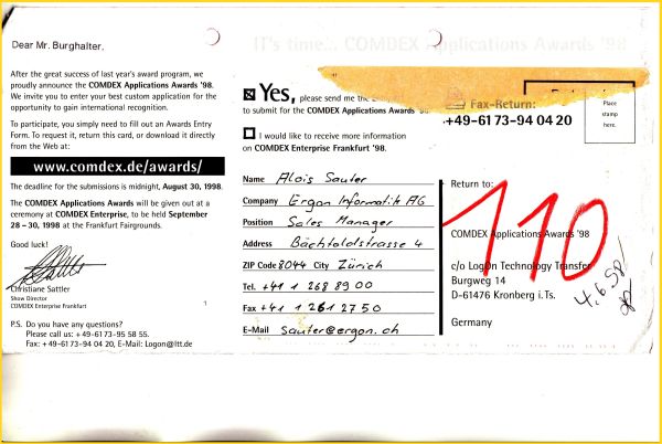 Infocard aus der Schweiz zurück geschickt ohne Frankierung an die Firma in Kronberg, daher mit Nachentgelt 110 in rot belegt