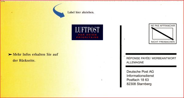 Nach Entfernung des Adresslabels für die Hinsendung ist nun die Freimachungsform CCRI (Internationale Werbeantwort) gut sichtbar