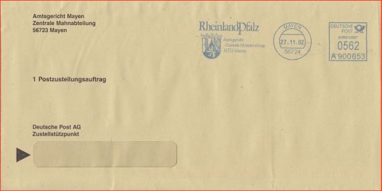 Postzustellungsauftrag in gelb aus der Frühphase im Jahr 2002, freigemacht mit 5,62 Euro mit Absenderfreistempel