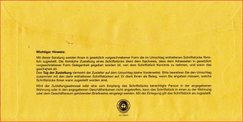 der gelbe Innenumschlag von der Rückseite mit weiteren Informationen für den Empfänger