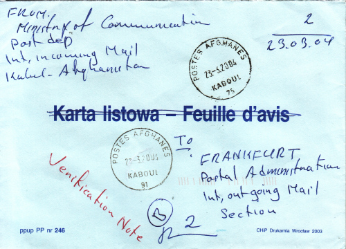 Doppelt genutzter Umschlag im Aufbrauch aus Afganistan mangels Papier