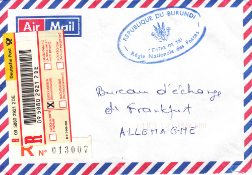 Einschreibpostsache aus Burundi mit Dienstsiegel der Post