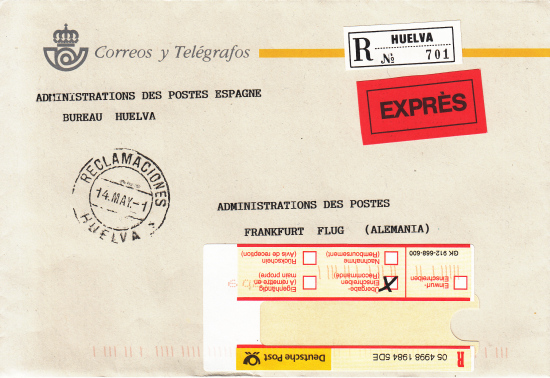 Poststempel aus Spanien mit ungewöhnlicher Ergänzung „Reclamaciones“ auf einer Einschreiben-Eil-Postsache nach Frankfurt