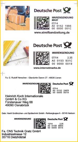 Eine kleine Auswahl verschiedner Internetmarken Warensendung-Maxi, gekauft im Juni 2014 für Warensendungen Maxi zwischen fünf und 15 Zentimerter, teils mit falscher Internetadresse 