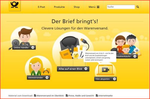 Internetpräsentation der Deutschen Post AG für den Warenversand für unterschiedliche Zielgruppen
