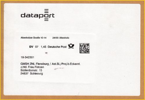 Adressausschnitt eines Großbriefes mit DV-Freimachung mit Matrixcode. Eine Auslesung mit dem BC-Tester ergab das Versanddatzum 12. Juli 2016