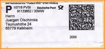 Adressaufkleber eines Postvertriebsstückes (PVSt) mit Premiumadressvermerk und extra großen Matrixcode aus dem aktuellen Posteingang