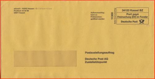 Postzustellungsauftrag mit DV-Freimachung - hier 34123 Kassel (äußerer Umschlag)