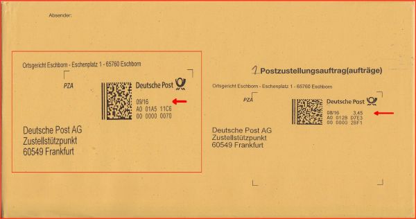 Kodierter Postzustellungsauftrag frankiert mit Internetmarke sowie integrierten Absender und Empfängerangaben mit Kodierung vom letzten Tag ohne MwSt. und im Vergleich dazu geblendet als Ausschnitt dieselbe Freimachung, allerding sgekauft am 1. September 2016 mit MwSt. - erkennbar ist der unterschied immer am nun fehlenden Porto