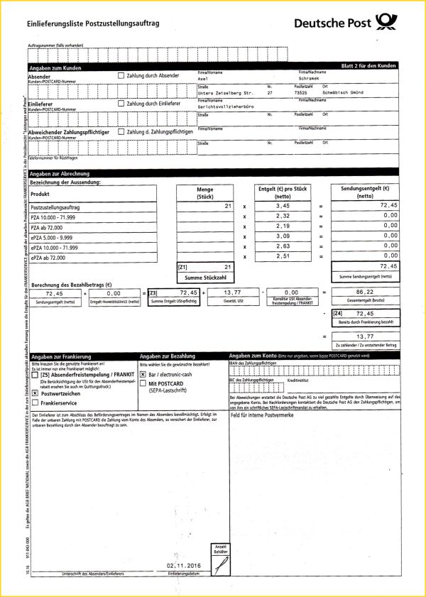 Kopie einer Buchungsliste nach dem 1. September 2016 ohne Kundendaten - darunter folgt zur Ergänzung die passende Quittung