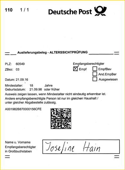 Kopie des passenden internen Auslieferungsbeleges Alterssichtprüfung vom Beleg davor eines reinen Briefzustellers vom 21. September 2016