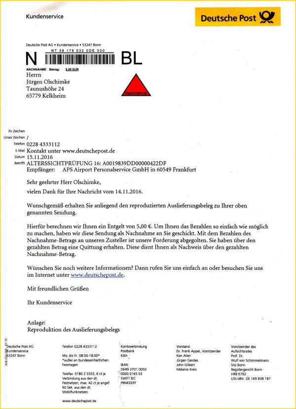 Inhalt der Nachnahme Postsache - Schreiben vom Kundenservice zur gewünschten Zusendung eines reproduzierten Auslieferungsbeleges, verschickt als Nachnahme