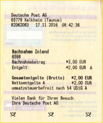 Schalterquittung für die abzuholende Postsache-Nachnahmesendung