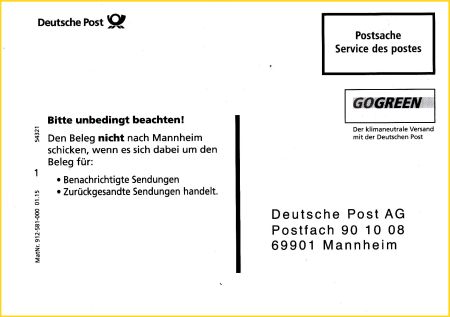 Rückseite des internen Auslieferungsbeleges, früher wurde er einfach als Postsache als Beleglesecenter Mannheim geschickt, heute wird er nach dem Scannen (Fotographieren) im jeweiligen Zustellstütpunkt oder der übergordneten Stelle noch eine Weile für eventuelle Reklamationen aufgehoben, bevor er entsorgt wird