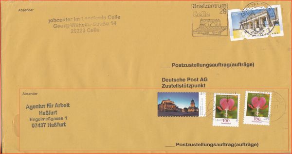 Postzustellungsauftrag vom Jobcenter im Landkreis Celle mit portogerechter seltener Einzelfrankatur 2,51 Euro ATM für den Mengenversand vom 3. September 2015, dazu geblendet Ausschnitt von der Agentur für Arbeit mit ähnlicher Frankatur, leicht mit 7 Cent überfrankiert vom 6. Mai 2014