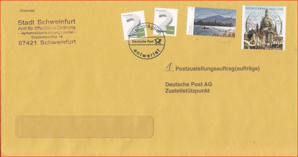 Elektronischer Postzustellungsauftrag vom Absender Stadt Schweinfurt, die ihre ePZA nur mit 3,09 Euro frankieren muss, siehe separate Tabelle eines Heimatsammlers, exakt frankiert vom 23. August 2016 Elektronischer Postzustellungsauftrag vom Absender Stadt Schweinfurt, die ihre ePZA nur mit 3,09 Euro frankieren muss, siehe separate Tabelle eines Heimatsammlers, exakt frankiert vom 23. August 2016