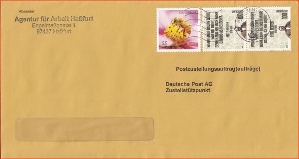 Postzustellungsauftrag der Agentur für Arbeit Haßfurt, die hier mit 2,55 Euro um 4 Cent überfrankiert hat - vermutlich mangels passender Marken für eine exakte Frankierung Postzustellungsauftrag der Agentur für Arbeit Haßfurt, die hier mit 2,55 Euro um 4 Cent überfrankiert hat - vermutlich mangels passender Marken für eine exakte Frankierung