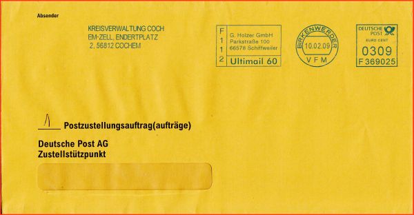 Postzustellungsauftrag mit der Portostufe 3,09 Euro, hier mit einer Vorführmaschine (VFM) am 10. Februar 2009 frankiert. Es handelt sich hier um eine Ulitmail 60 der Kreisverwaltung Coch EM-Zell Postzustellungsauftrag mit der Portostufe 3,09 Euro, hier mit einer Vorführmaschine (VFM) am 10. Februar 2009 frankiert. Es handelt sich hier um eine Ulitmail 60 der Kreisverwaltung Coch EM-Zell