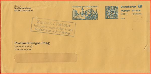 elektronischer Postzustellungsauftrag mit der Portostufe 2,51 Euro, zusätzlich mit 3-zeiligen Retour-Stempel, da diese Sendung scheinbar ins Ausland geschickt werden sollte