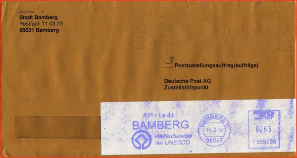 Seltene Mehrfachfrankatur - hier bei der Portostufe 2,63 Euro - für 3 Postzustellungsurkunden mit Mengenrabatt, zwar ist der erste Stempel oben fast nicht sichtbar, die ergänzende Anbringung für den 3. PZA in Höhe von 2,63 Euro wurde mittels Klebestreifens ergänzt Seltene Mehrfachfrankatur - hier bei der Portostufe 2,63 Euro - für 3 Postzustellungsurkunden mit Mengenrabatt, zwar ist der erste Stempel oben fast nicht sichtbar, die ergänzende Anbringung für den 3. PZA in Höhe von 2,63 Euro wurde mittels Klebestreifens ergänzt