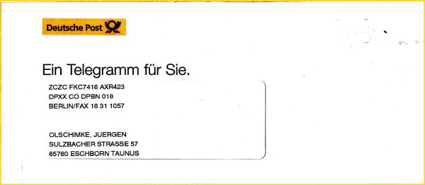 Eines der zwei Telegramme vom 31. Dezember 1998, hier das aus den neuen Bundesländern in die alten Bundesländer nach Eschborn