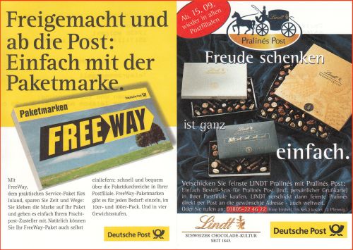 Zur Ergänzung noch die jeweiligen Werbeseiten der zwei EPOS-Quittungen mit der damals aktuellen Postwerbung zu den Freeway-Paketmarken und zur Praline-Post