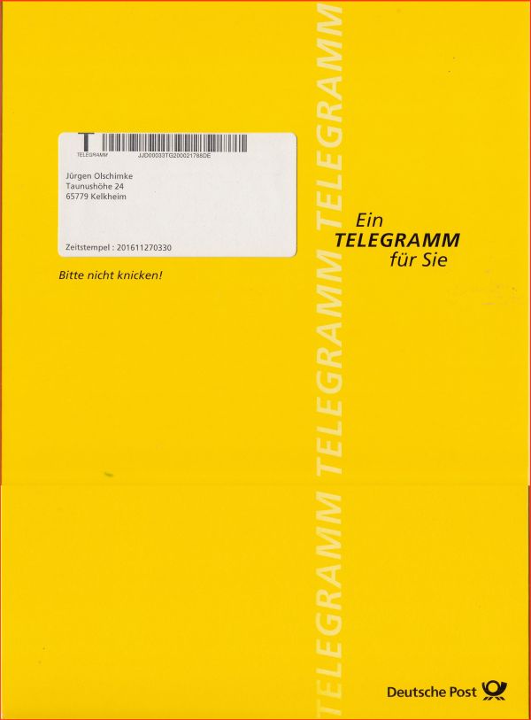 Das Sonntagstelegramm vom 27. November 2016 im großen stabilen gelben Postsacheumschlag (Pappkarton)