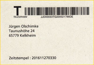 Ausschnitt des ersten Blatts des Sonntagstelegramms mit der Anschrift, dem darunter befindlichen 