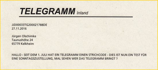 Ausschnitt vom zweiten Blatt des Sonntagstelegramms - hier folgt nach erneuter Angabe der Zustellanschrift der Text des Telegramms