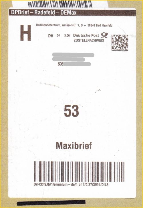 DV-Freimachung Maxibrief mit Zustellnachweis von Amazon aus dem April 2017