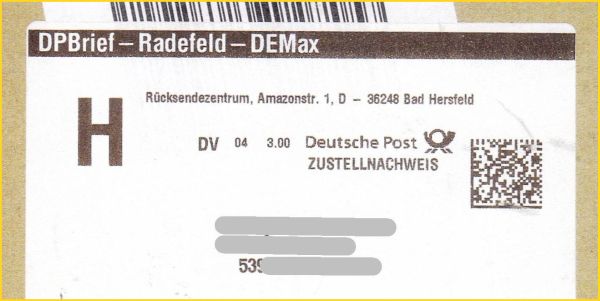 Ausschnittsvergrößerung der DV-Freimachung von Amazon mit dem Gesamtporto in Höhe von 3,00 Euro