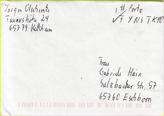 Dazu der passende Kompaktbrief aus den ersten Dezembertagen 2020 mit dem neuen Frankiervermerk (#PORTO FYN2TKPO) rechts oben, echt gelaufen, aufgrund der Kodierung zumindest nachweisbar