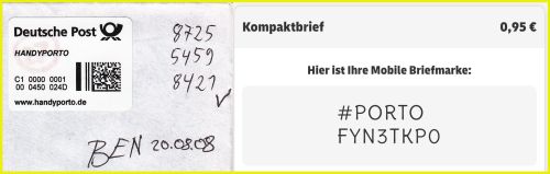 Bildmontage - links das Handyporto aus der Anfangszeit  (Briefausschnitt) - rechts die neue 