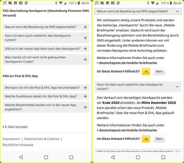 Bildschirmkopie von einem Smartphone mit einer Info der Deutschen Post zur Abschaltung des Handyportos
