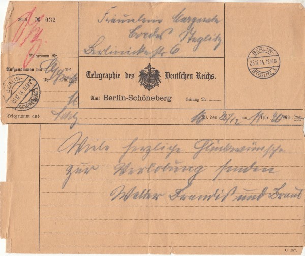 Telegramm aus dem Jahr 1914 aus Berlin, aufgegeben am 25. Dezember 1914 (1. Weihnachtsfeiertag) um 11 Uhr 40 - Ankunft in Berlin Steglitz schon um 12 Uhr 10, ja das war noch ein Service