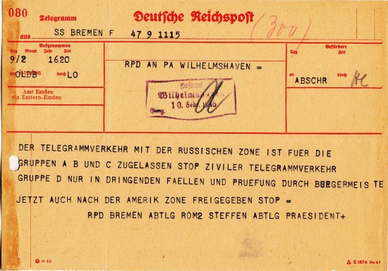Ein postinternes Diensttelegramm als SS-Telegramm vom 9. Februar 1946 von der Reichspostdirektion Bremen an das Postamt Wilhelmshaven mit Dienstinformationen zum Telegrammverkehr in die SBZ