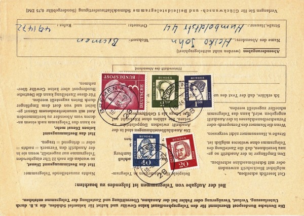  Rückseite eines Telegramms aus Bremen nach Flensburg vom 10-April 1963, bei der die Gesamtgebühren in Höhe von 6,60 DM verklebt und mit Tagesstempel aus Bremen entwertet wurden (Wortgebühr 4,60 + sonstige Gebühren 2,00) Diese sonstigen Gebühren beziehen sich auf den Zusatz „RP“ = Antwort in Höhe von 2 DM vorausbezahlt.