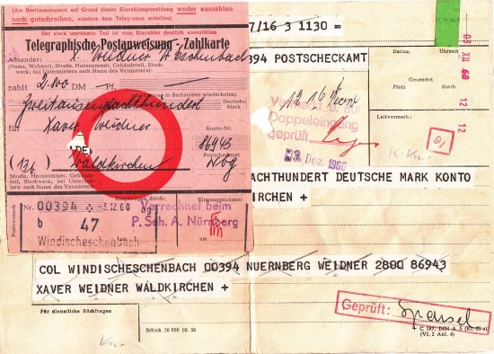 Eine telegraphische Inlandspostanweisung von Windischeschenbach nach Waldkirchen über 2800 DM vom 3. Dezember 1960 mit entsprechender grüner Kennzeichnung rechts obe
