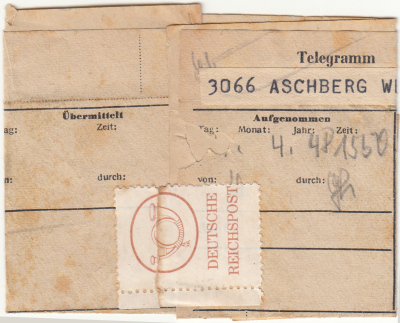 Ein Telegramm aus dem April 1948 von Aschberg nach Mettmann zur Auslieferung mit Siegelmarke von der Reichspost verschlossen