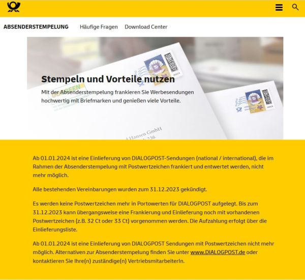 Bildschirmfoto vom Frühsommer 2023 mit der Ankündigung der Deutschen Post, die Absenderstempelung abzuschaffen