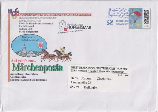  Ein seltener C5-formatiger Dialogpost-Plusbrief auf Privatbestellung vom Briefmarkenverein aus Hofgeismar mit einem Inhalt zwischen 50 und 100 Gramm mit der 61 Cent Marke aus der Serie „Welt der Briefe“ mit Matrixcode