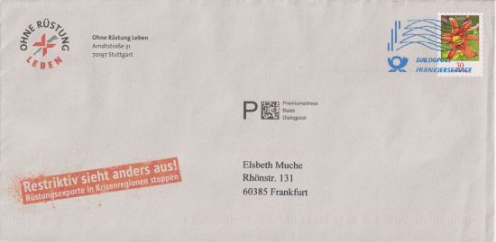 Dialogpostsendung aus der kurzen Portostufe vom 1. Januar 2020 bis 31. Dezember 2021 mit einer 30 Cent Blumenfrankatur, vorausentwertet mittels des Frankierservice. Zusätzlich hat diese Sendung eine Vorausverfügung (neudeutsch – Premiumadress mit Matrixcode)