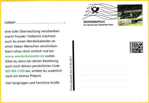 Hier sehen Sie eine Postkarte, die als Responseplus gratis verschickt werden kann - allerdings mit der Besonderheit "Nur gültig bis 31. Mai 2011".