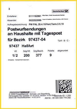 Ein Vorbindezettel für Postwurfsendungen, versehen mit einem 2-D-Barcode - Funktion hier bisher unbekannt - wer kann weiterhelfen ?