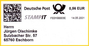 Stampit - Frankatur von einem der 50 Pilotteilnehmer aus Offenbach und Bonn - auch erkennbar an der anderen Kennung FE01...