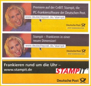Die Postwerbung für Stampit im Laufe der ersten Jahre - ganz oben die Einführung auf der CeBIT 2001 - die Werbung ohne den Hinweis auf die CeBIT und unten die letzte Werbung auf Umschlägen der Post, die auf Messeständen oder bei anderen Werbeveranstaltungen eingesetzt wurden