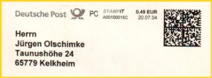 Stampit Frankatur vom selben Teilnehmer aus der Anfangszeit mit richtiger Kennung und nun mit neuen Layout (beispielsweise 2-D-Barcode rechts statt vorher links)
