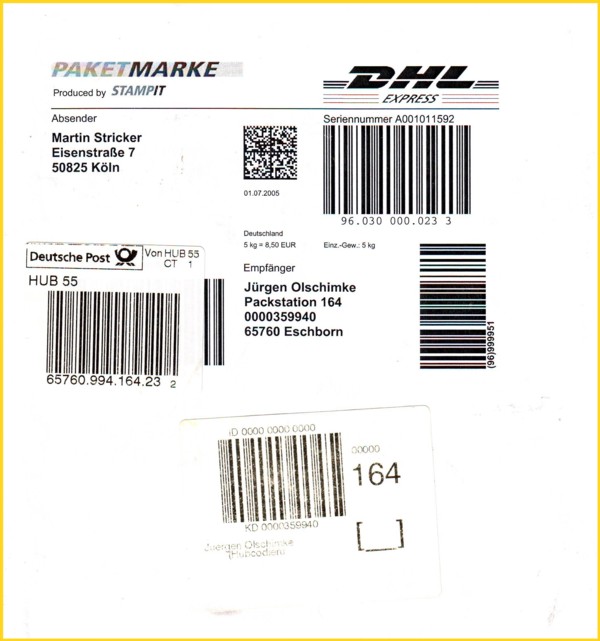 Eine Stampit-Paketmarke vom ersten Tag, damals noch mit 2-D-Barcode Eine Stampit-Paketmarke vom ersten Tag, damals noch mit 2-D-Barcode